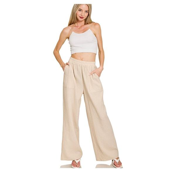 Zenana Outfitters Pants - Wide Leg Cream Pull-On Pants for Women